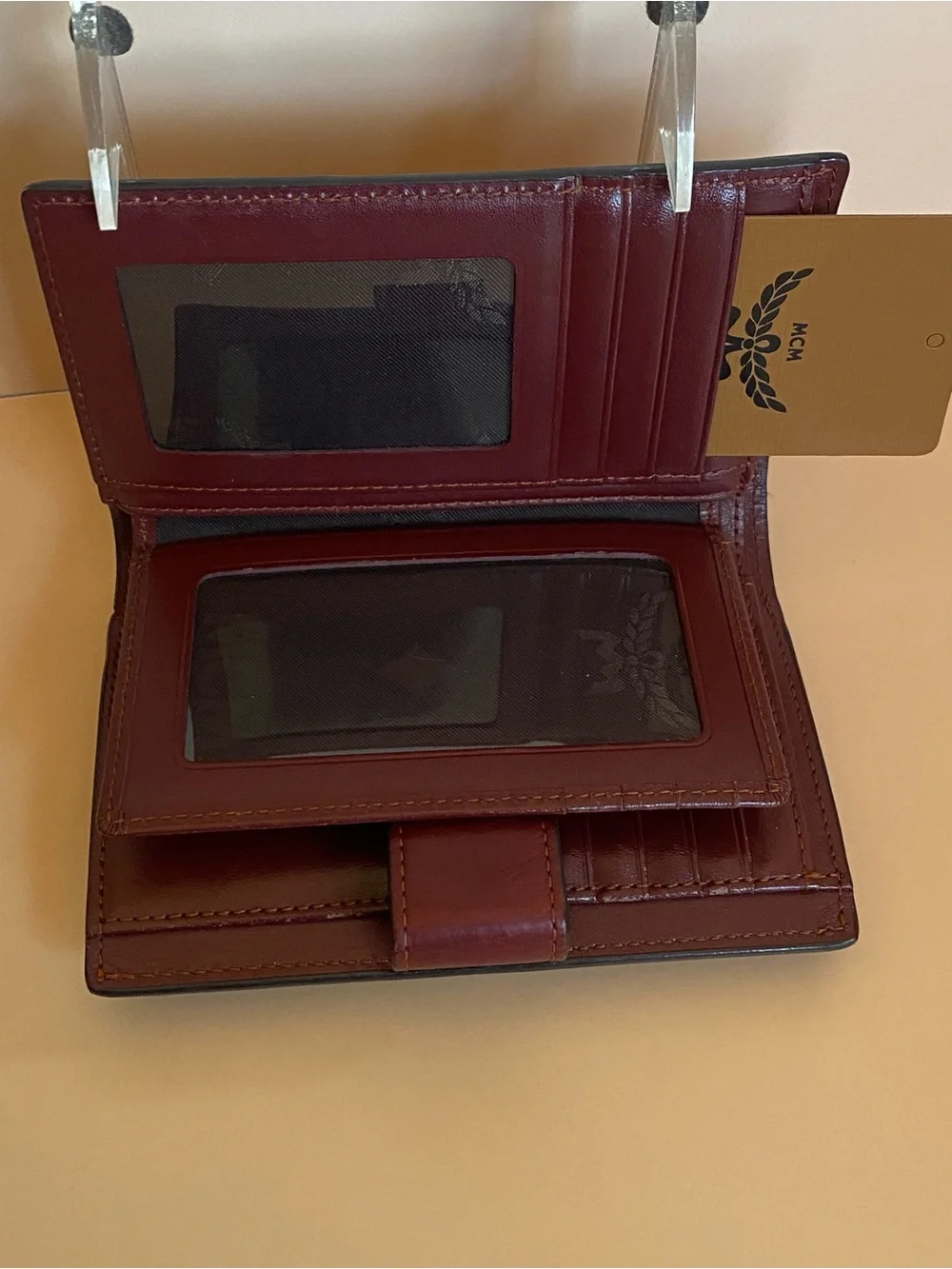 MCM Two-Tone Trifold Leather Continental Wallet in Burgundy and Cognac Brown